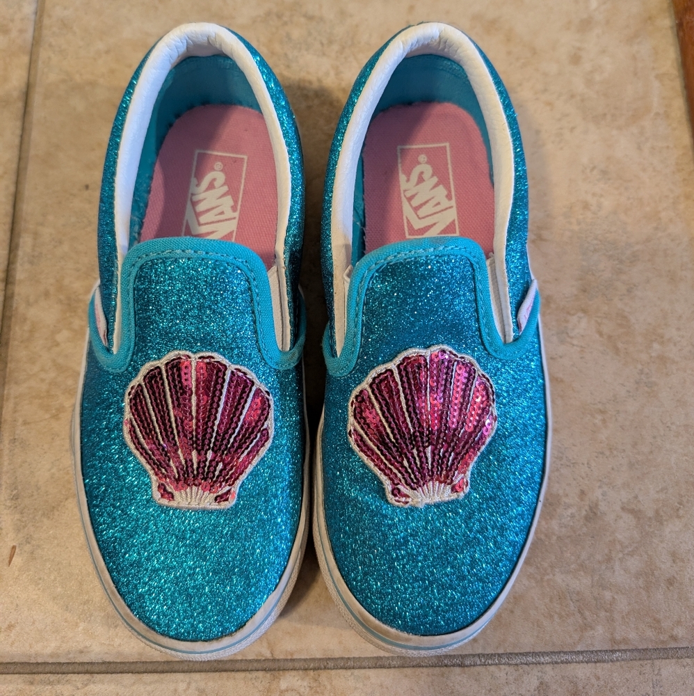 Vans Kids Glitter Shell Slip-On Shoes - Blue and Pink